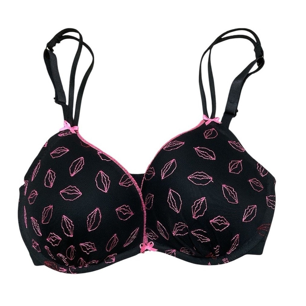 Betsey Johnson Black Pink Lips Lace Push Up Bra 32DD